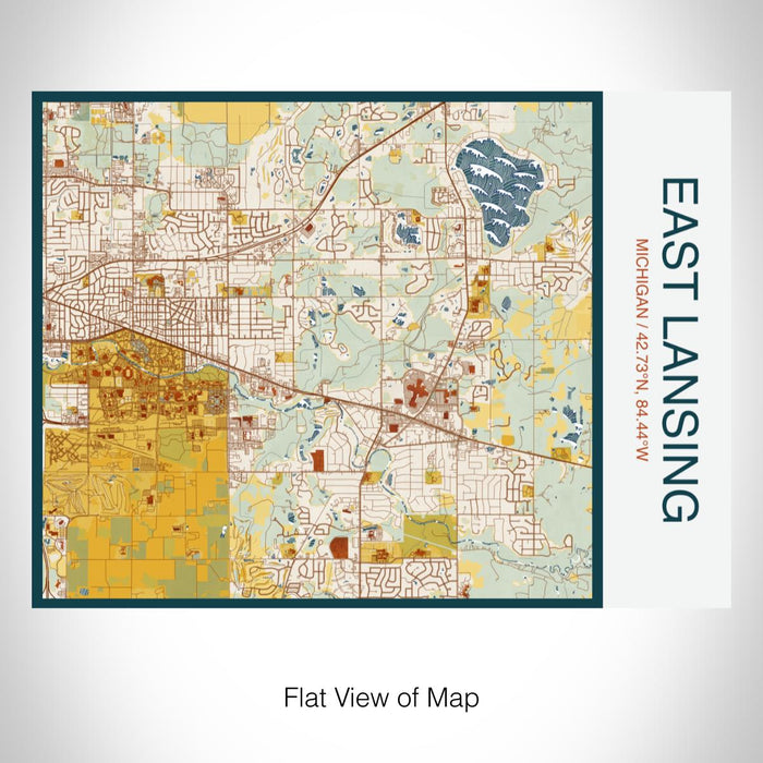 Rendered View of East Lansing Michigan Map on 20oz Stainless Steel Insulated Bottle with Bamboo Top with printed woodblock style map