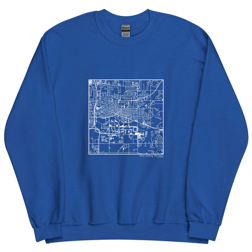 East Lansing Michigan  Map Unisex Crewneck Sweater with City inscription in Royal Blue