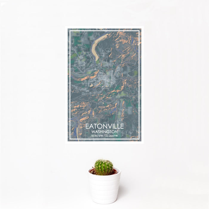 12x18 Eatonville Washington Map Print Portrait Orientation in Afternoon Style With Small Cactus Plant in White Planter