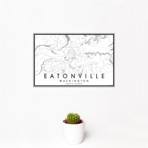 12x18 Eatonville Washington Map Print Landscape Orientation in Classic Style With Small Cactus Plant in White Planter