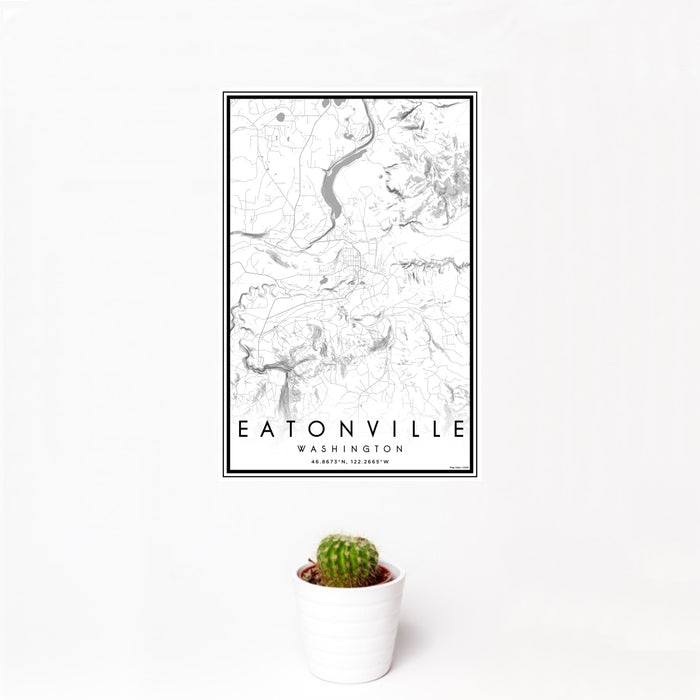 12x18 Eatonville Washington Map Print Portrait Orientation in Classic Style With Small Cactus Plant in White Planter