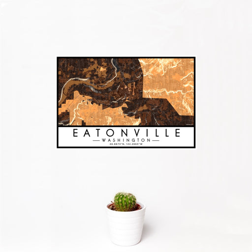 12x18 Eatonville Washington Map Print Landscape Orientation in Ember Style With Small Cactus Plant in White Planter