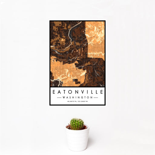 12x18 Eatonville Washington Map Print Portrait Orientation in Ember Style With Small Cactus Plant in White Planter