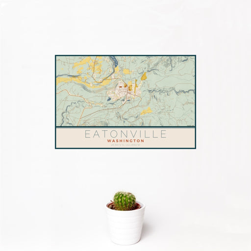 12x18 Eatonville Washington Map Print Landscape Orientation in Woodblock Style With Small Cactus Plant in White Planter