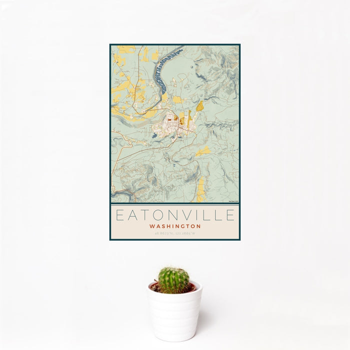 12x18 Eatonville Washington Map Print Portrait Orientation in Woodblock Style With Small Cactus Plant in White Planter