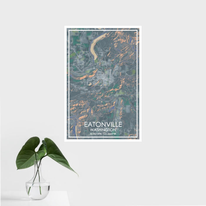 16x24 Eatonville Washington Map Print Portrait Orientation in Afternoon Style With Tropical Plant Leaves in Water