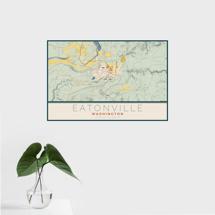 16x24 Eatonville Washington Map Print Landscape Orientation in Woodblock Style With Tropical Plant Leaves in Water