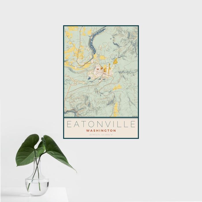 16x24 Eatonville Washington Map Print Portrait Orientation in Woodblock Style With Tropical Plant Leaves in Water