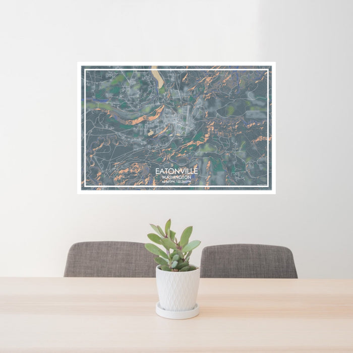 24x36 Eatonville Washington Map Print Lanscape Orientation in Afternoon Style Behind 2 Chairs Table and Potted Plant