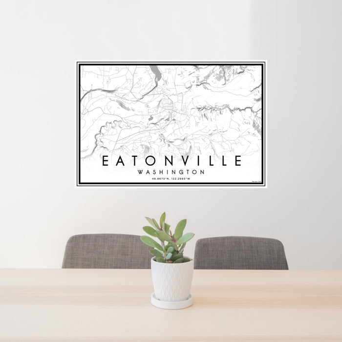 24x36 Eatonville Washington Map Print Lanscape Orientation in Classic Style Behind 2 Chairs Table and Potted Plant