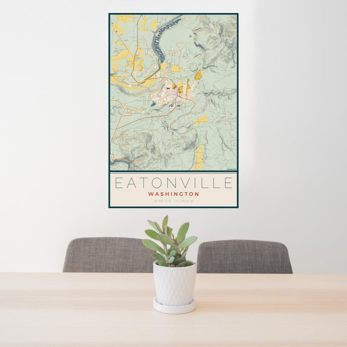 24x36 Eatonville Washington Map Print Portrait Orientation in Woodblock Style Behind 2 Chairs Table and Potted Plant