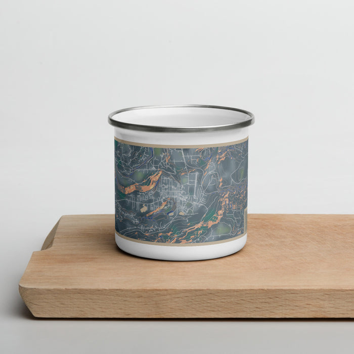 Front View Custom Eatonville Washington Map Enamel Mug in Afternoon on Cutting Board