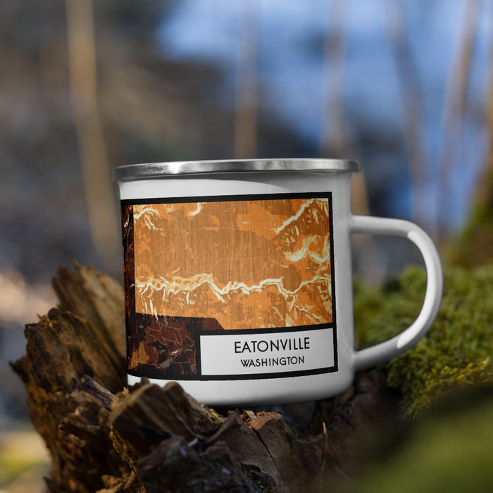 Right View Custom Eatonville Washington Map Enamel Mug in Ember on Grass With Trees in Background