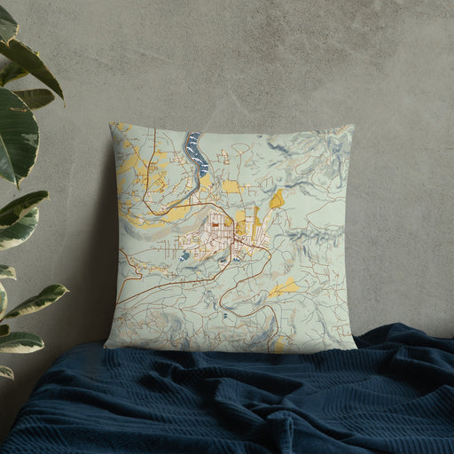 Custom Eatonville Washington Map Throw Pillow in Woodblock on Bedding Against Wall