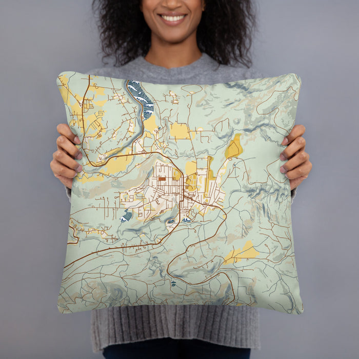 Person holding 18x18 Custom Eatonville Washington Map Throw Pillow in Woodblock