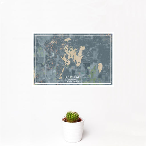 12x18 Echo Lake Montana Map Print Landscape Orientation in Afternoon Style With Small Cactus Plant in White Planter
