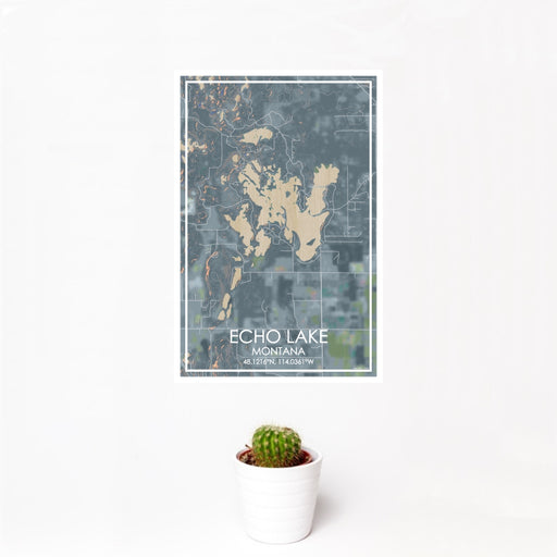 12x18 Echo Lake Montana Map Print Portrait Orientation in Afternoon Style With Small Cactus Plant in White Planter