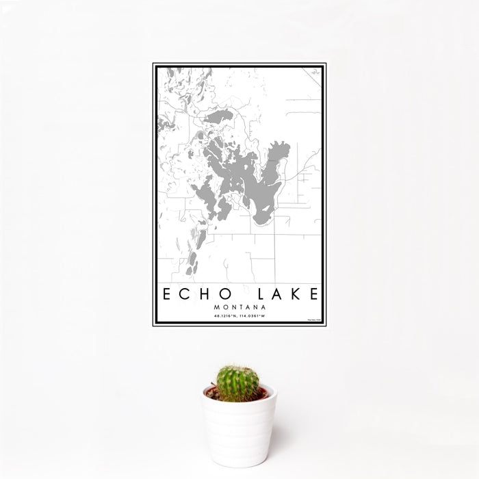 12x18 Echo Lake Montana Map Print Portrait Orientation in Classic Style With Small Cactus Plant in White Planter