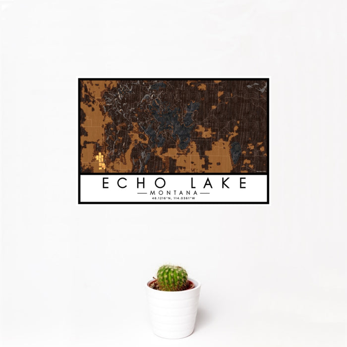 12x18 Echo Lake Montana Map Print Landscape Orientation in Ember Style With Small Cactus Plant in White Planter