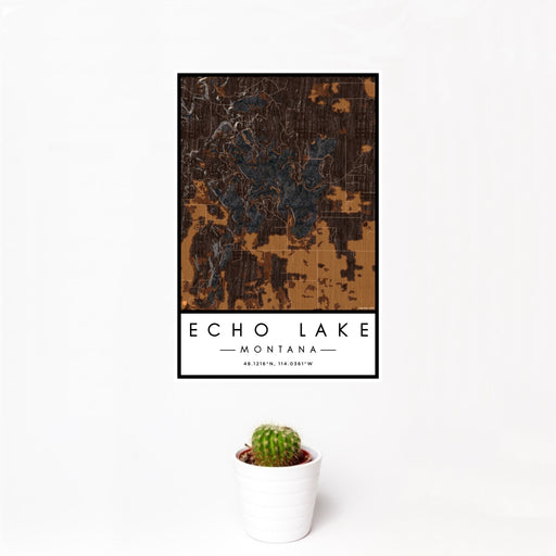 12x18 Echo Lake Montana Map Print Portrait Orientation in Ember Style With Small Cactus Plant in White Planter
