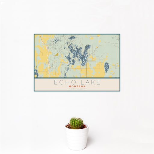 12x18 Echo Lake Montana Map Print Landscape Orientation in Woodblock Style With Small Cactus Plant in White Planter