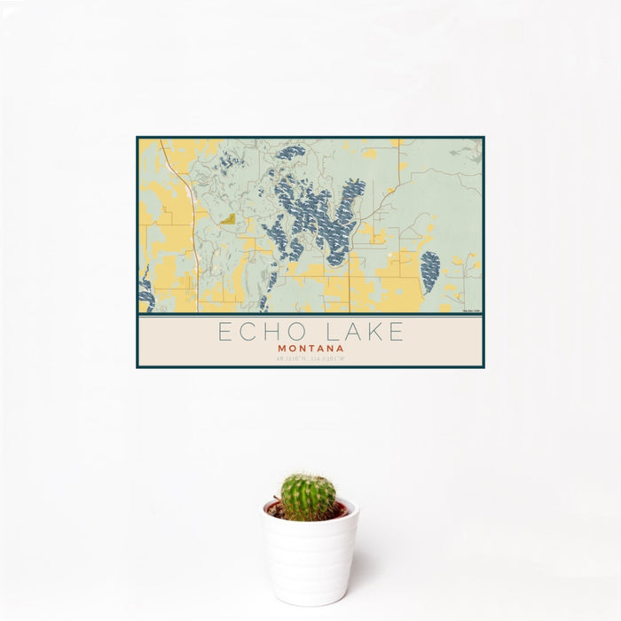 12x18 Echo Lake Montana Map Print Landscape Orientation in Woodblock Style With Small Cactus Plant in White Planter
