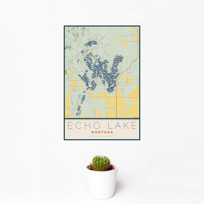 12x18 Echo Lake Montana Map Print Portrait Orientation in Woodblock Style With Small Cactus Plant in White Planter