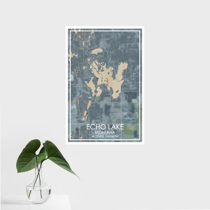 16x24 Echo Lake Montana Map Print Portrait Orientation in Afternoon Style With Tropical Plant Leaves in Water