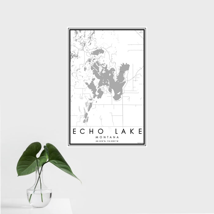 16x24 Echo Lake Montana Map Print Portrait Orientation in Classic Style With Tropical Plant Leaves in Water