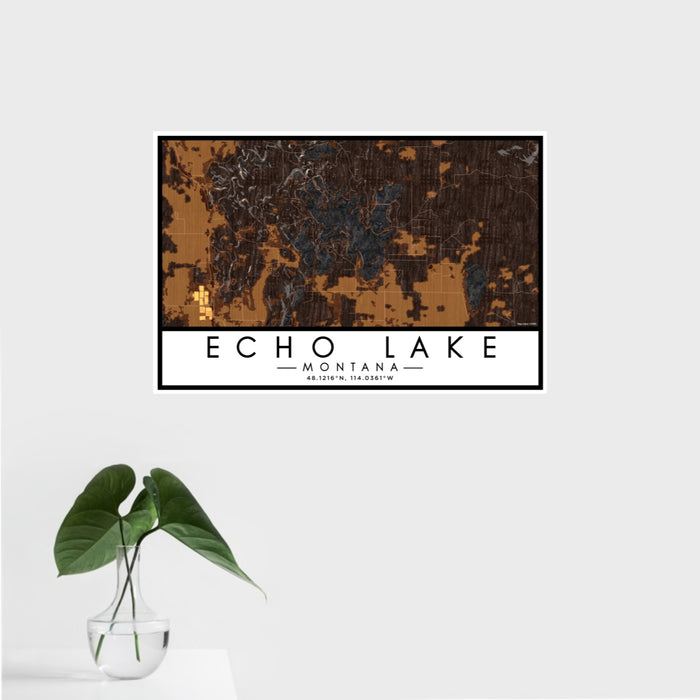 16x24 Echo Lake Montana Map Print Landscape Orientation in Ember Style With Tropical Plant Leaves in Water