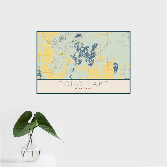 16x24 Echo Lake Montana Map Print Landscape Orientation in Woodblock Style With Tropical Plant Leaves in Water