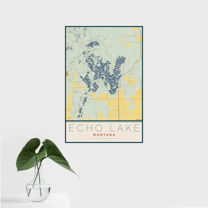 16x24 Echo Lake Montana Map Print Portrait Orientation in Woodblock Style With Tropical Plant Leaves in Water