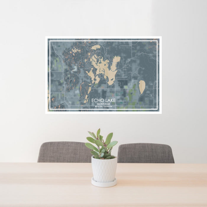 24x36 Echo Lake Montana Map Print Lanscape Orientation in Afternoon Style Behind 2 Chairs Table and Potted Plant