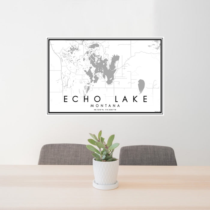 24x36 Echo Lake Montana Map Print Lanscape Orientation in Classic Style Behind 2 Chairs Table and Potted Plant