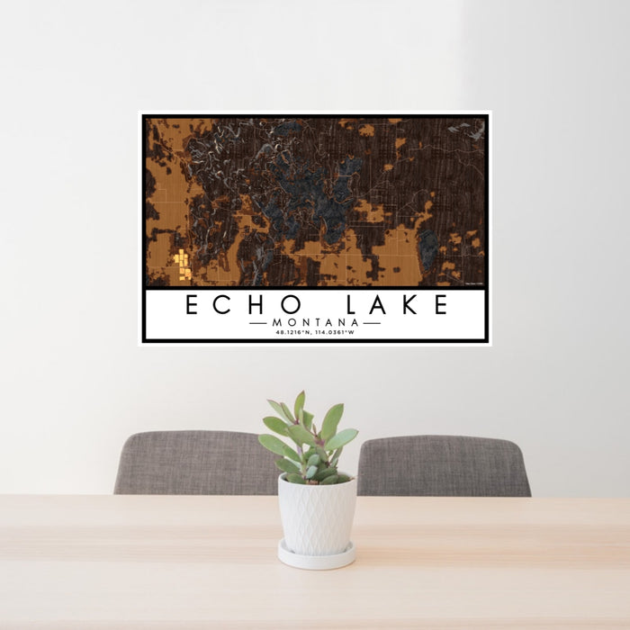 24x36 Echo Lake Montana Map Print Lanscape Orientation in Ember Style Behind 2 Chairs Table and Potted Plant