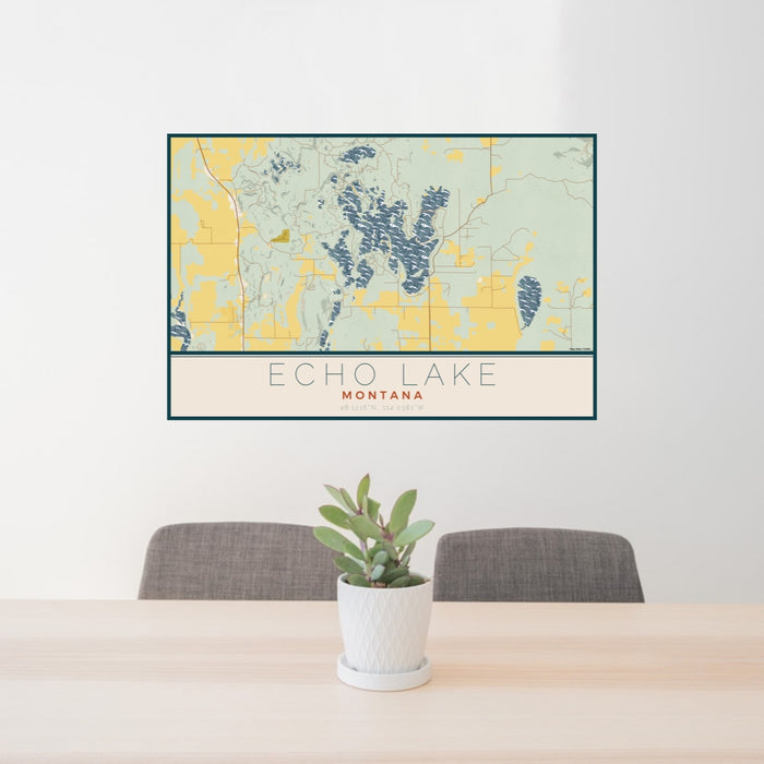 24x36 Echo Lake Montana Map Print Lanscape Orientation in Woodblock Style Behind 2 Chairs Table and Potted Plant