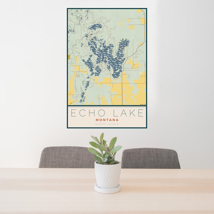 24x36 Echo Lake Montana Map Print Portrait Orientation in Woodblock Style Behind 2 Chairs Table and Potted Plant