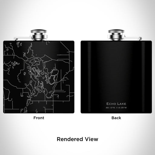 Rendered View of Echo Lake Montana Map Engraving on 6oz Stainless Steel Flask in Black