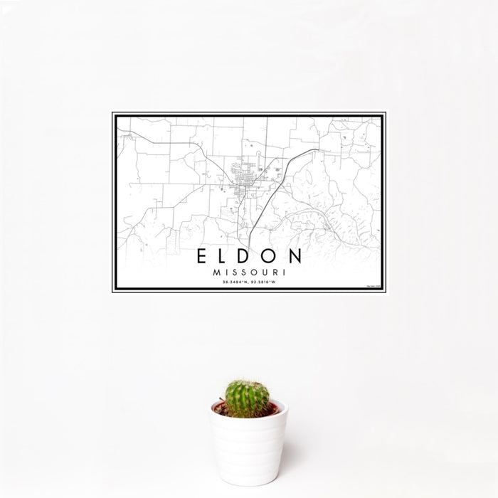 12x18 Eldon Missouri Map Print Landscape Orientation in Classic Style With Small Cactus Plant in White Planter