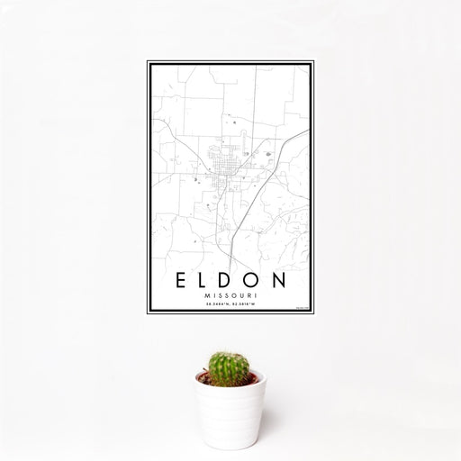 12x18 Eldon Missouri Map Print Portrait Orientation in Classic Style With Small Cactus Plant in White Planter