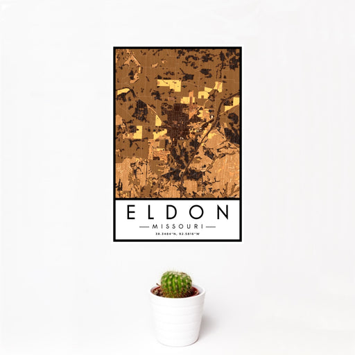 12x18 Eldon Missouri Map Print Portrait Orientation in Ember Style With Small Cactus Plant in White Planter