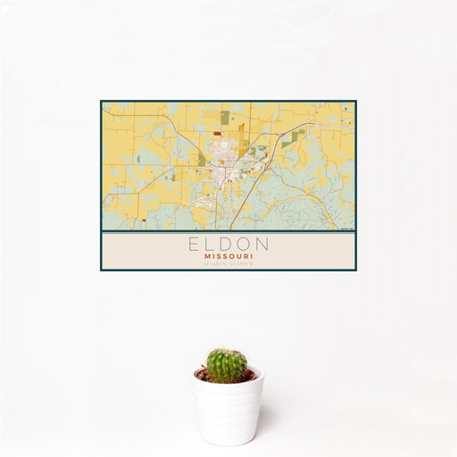 12x18 Eldon Missouri Map Print Landscape Orientation in Woodblock Style With Small Cactus Plant in White Planter