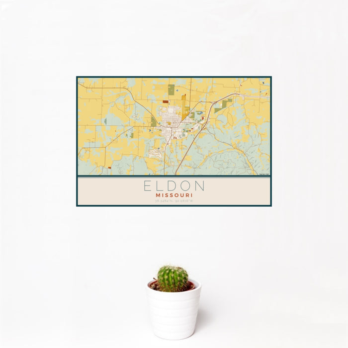 12x18 Eldon Missouri Map Print Landscape Orientation in Woodblock Style With Small Cactus Plant in White Planter