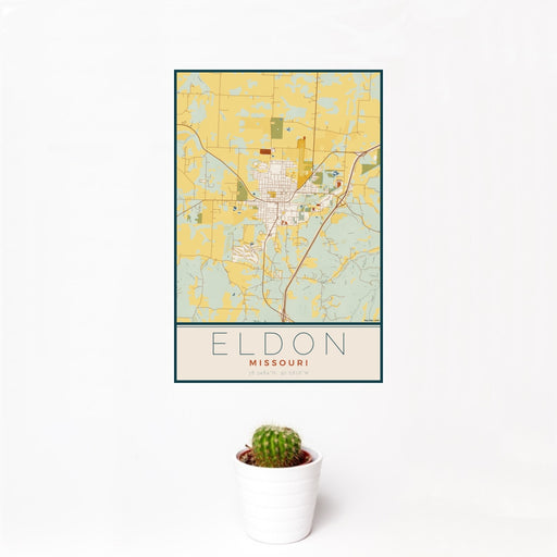 12x18 Eldon Missouri Map Print Portrait Orientation in Woodblock Style With Small Cactus Plant in White Planter