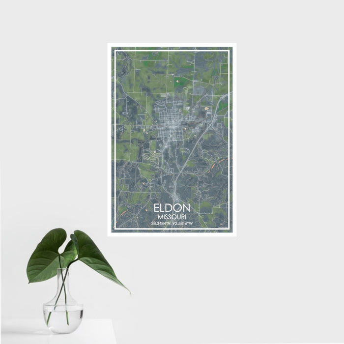 16x24 Eldon Missouri Map Print Portrait Orientation in Afternoon Style With Tropical Plant Leaves in Water