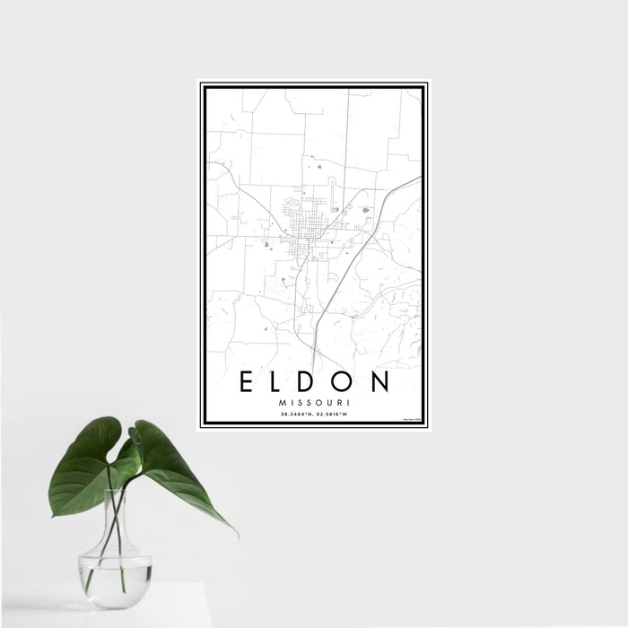 16x24 Eldon Missouri Map Print Portrait Orientation in Classic Style With Tropical Plant Leaves in Water