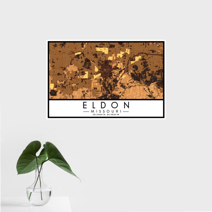 16x24 Eldon Missouri Map Print Landscape Orientation in Ember Style With Tropical Plant Leaves in Water