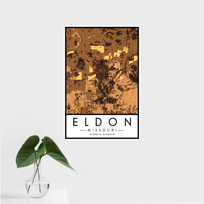16x24 Eldon Missouri Map Print Portrait Orientation in Ember Style With Tropical Plant Leaves in Water