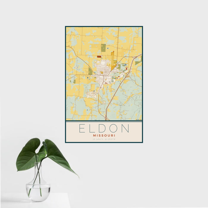 16x24 Eldon Missouri Map Print Portrait Orientation in Woodblock Style With Tropical Plant Leaves in Water