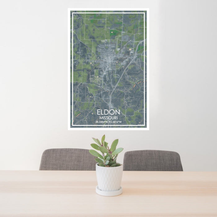 24x36 Eldon Missouri Map Print Portrait Orientation in Afternoon Style Behind 2 Chairs Table and Potted Plant